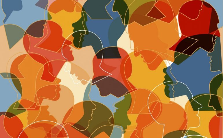 Abstract cartoon image of overlapping, brightly colored silhouettes of human faces.