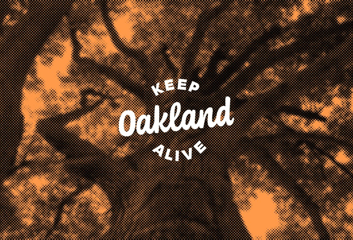 Keep Oakland Alive logo atop orange-tinted tree