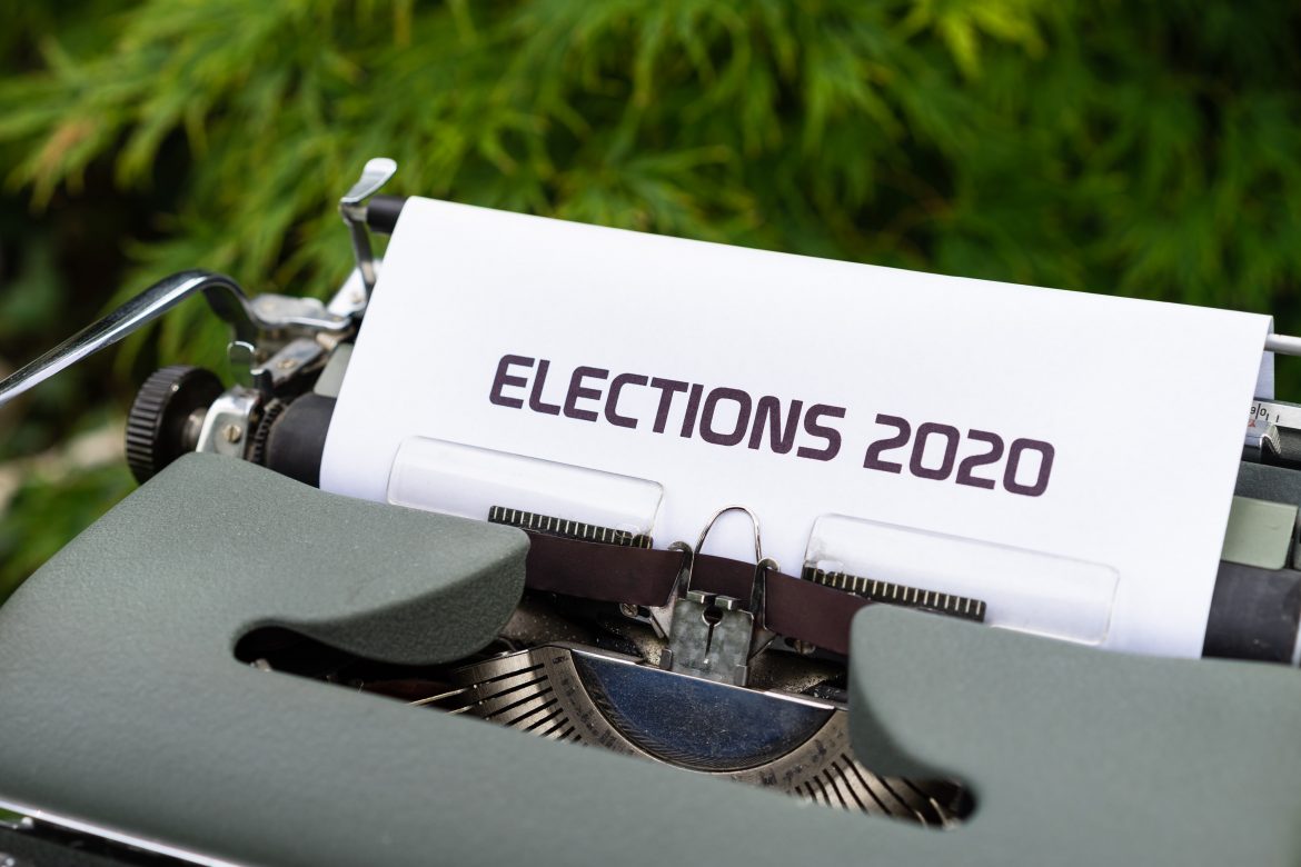 Old typewriter with piece of paper that says ELECTIONS 2020
