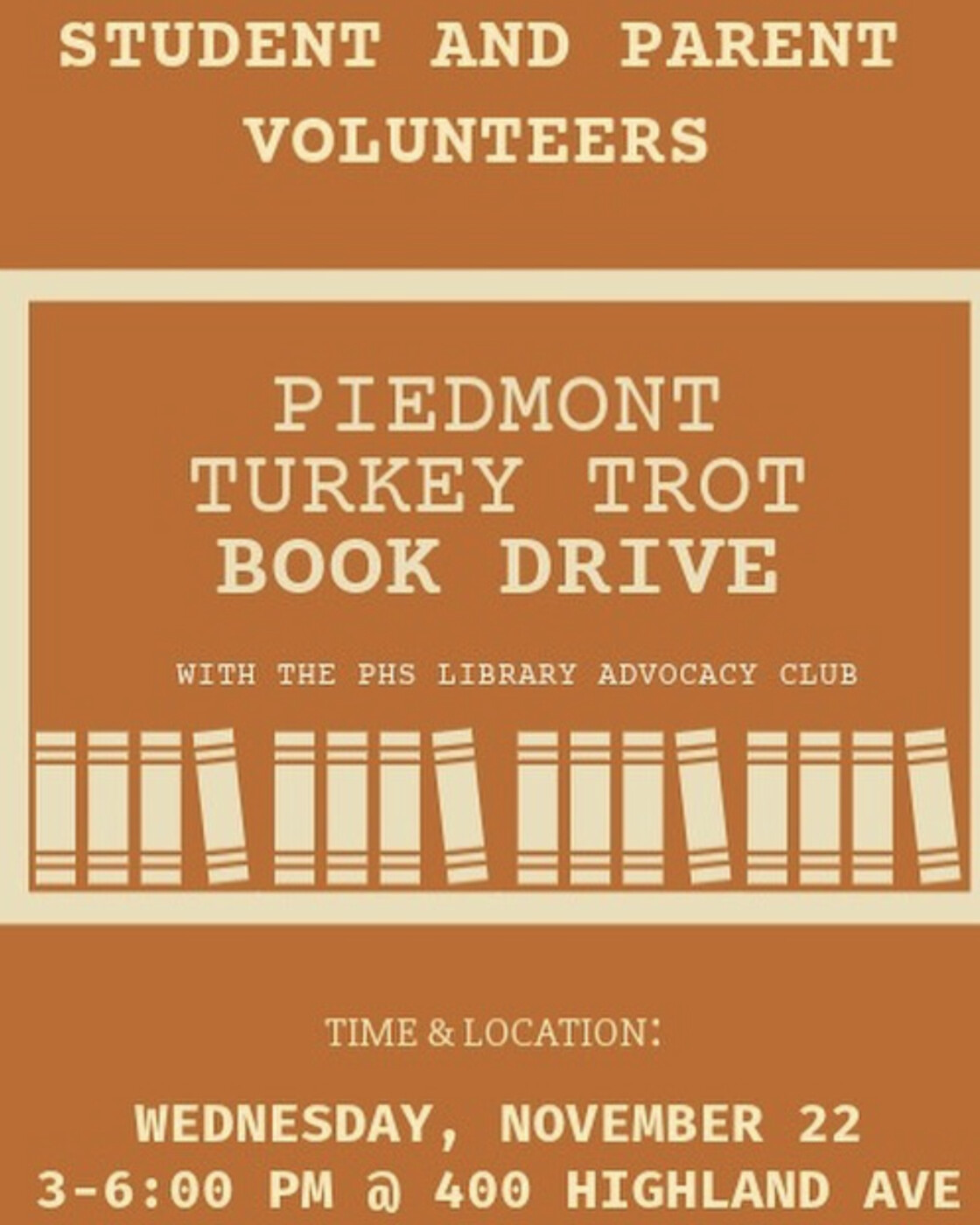 High school book drive coordinates with Turkey Trot Piedmont Exedra